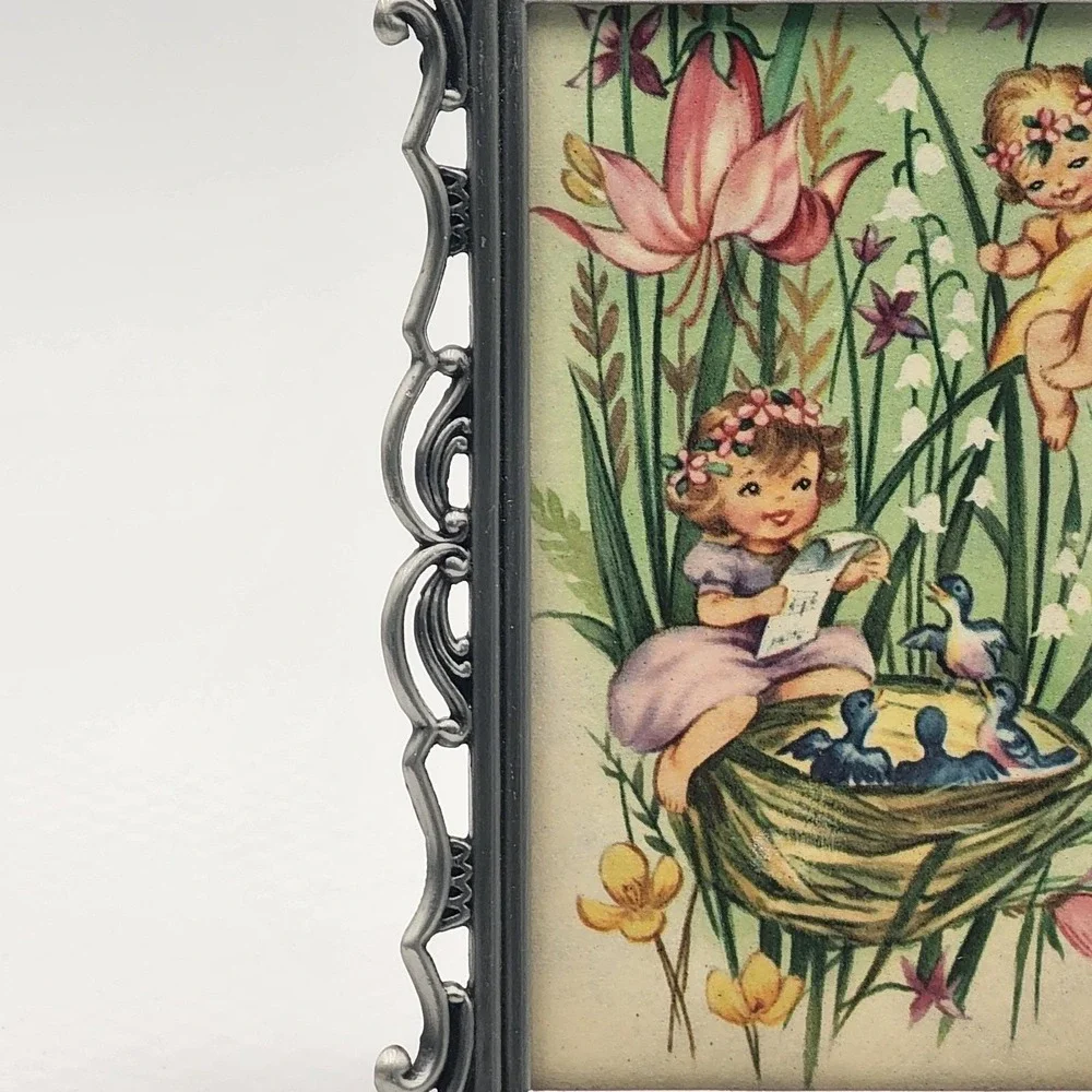 Vintage Silver Tone Baroque Picture Frame Ornate 3x5 Pixie Fairies Card Print